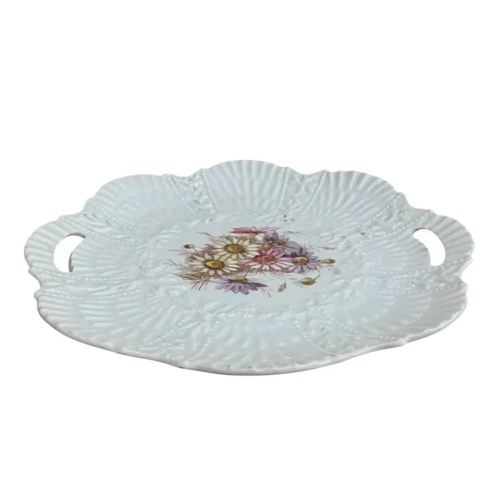 Bisque Scallop Coral Floral Limoges Round Tab Handle Platter/Tray Antique